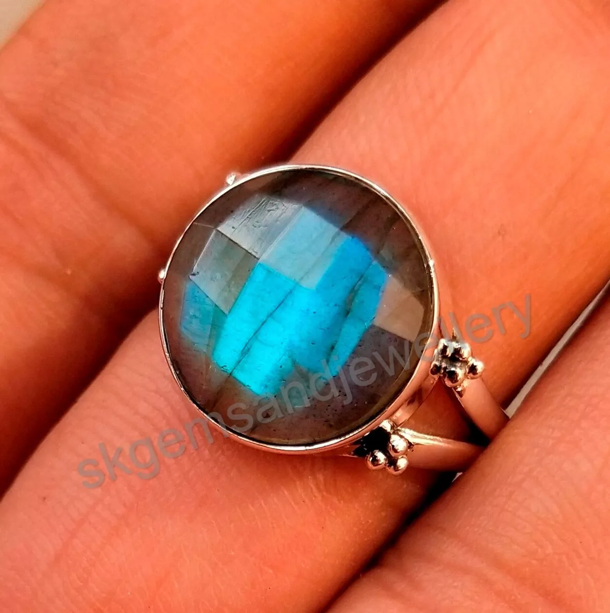Labradorite Anello 925 Anello Argento Sterling Checker Taglio