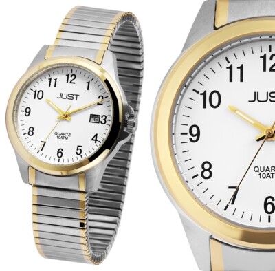 Herrenuhr Armbanduhr Gold Silber Weiß Edelstahl Stretchband Flex Zug JUST 20094