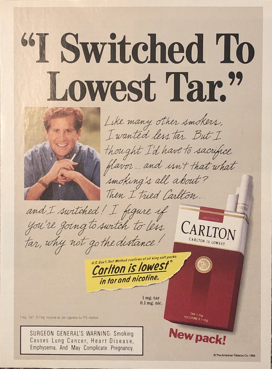 why are carlton cigarettes so expensive 1994 Carlton Cigarettes VTG 1990s 90s PRINT AD Testimonial Switch To Lowest  Tar