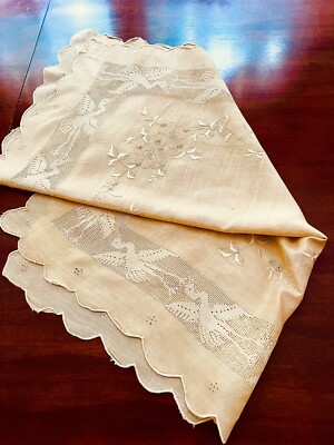 Tablecloth RARE hand emb. drawn work with seed stitch embroidery flowers, Birds