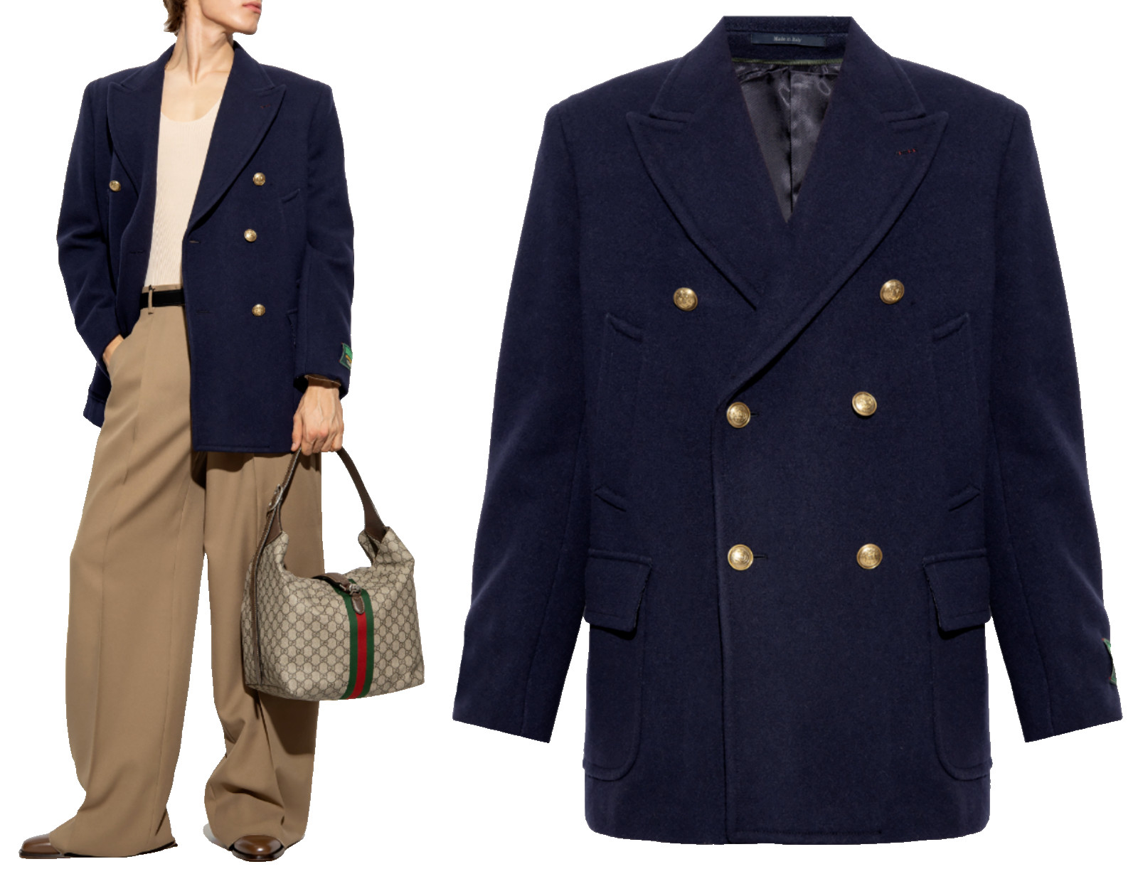 Gucci Coat Felt Wool Peacoat Caban Blazer Parka Jacket Luxury Retro Navy S