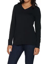 DENNIS BASSO Size M Textured Ponte Knit V-neck Top BLACK