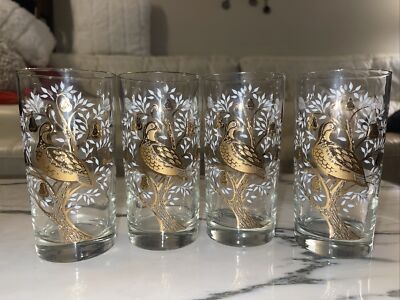 Libbey Partridge Pear Tree Highball Glasses  Gold Embossed Clear  4 Set vtg 60's