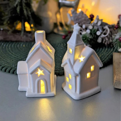 2 Stück weißes Keramik Haus - Kirche Glitzer Leuchthütte Xmas Weihnachtsschmuck
