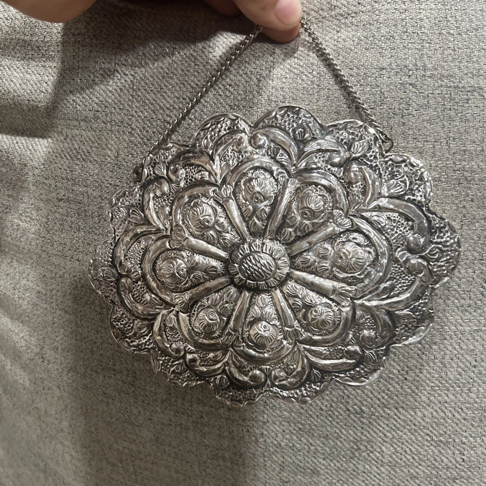"Espejo colgante BEDO 900 moneda plata turco vintage ovalado raro floral 6x5""" Foto 4 de 4