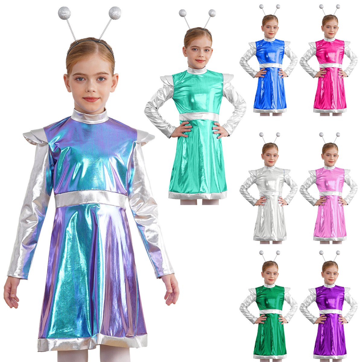 AU Kids Girls Outer Space Alien Costume Shiny Metallic Dress With