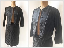 True Vintage 1950 s Stanton Jrs Petite Skirt Suit Black Jacquard Silk XS Petite