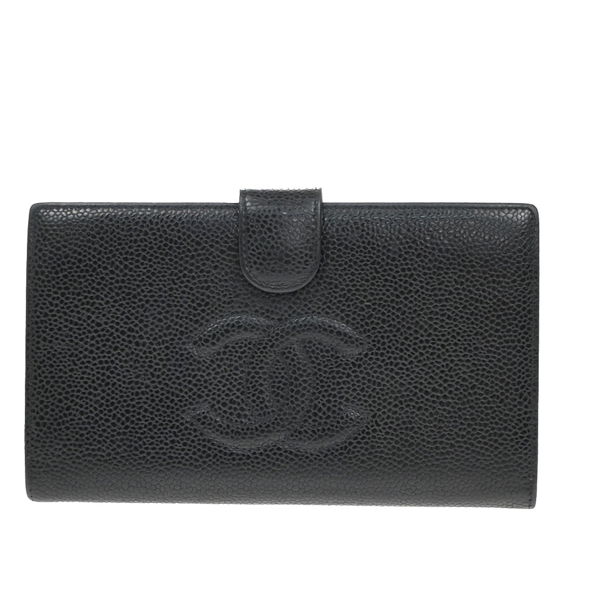 CHANEL Black Grained Calfskin CC Logo Long Bifold Wallet France 87KA902