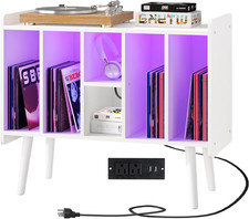 Large Record Player Stand, Vinyl Record Storage Cabinet with Power Outlet  LED