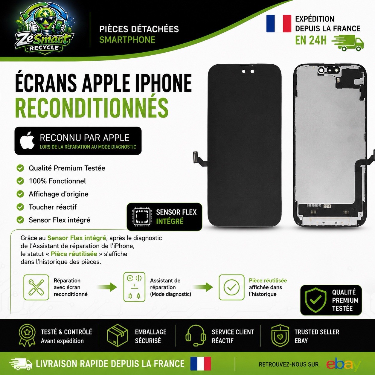 Ecran d’origine Reconditionné Apple iPhone 15 + adhésive (joint) reconnu Apple