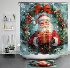 Cute Funny Red Santa Claus Green Christmas Shower Curtain Set for Bathroom Decor
