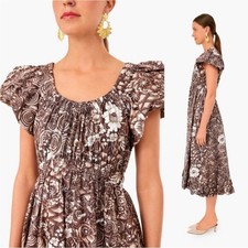 ULLA JOHNSON Nanette Dress in Teak Brown Floral Print Midi Gown Size 6 Poplin