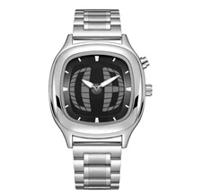 Unique 3D Grid Dial Watch - Mens Stainless Steel Retro Quartz Silver Strap