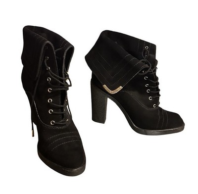 Louis Vuitton Lace Up Ankle Boots Size 36.5 Black Block High Heel & Dust Bags