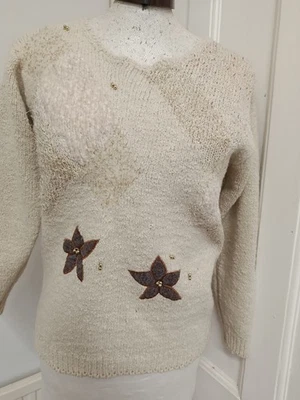 RARE VTG Franco Valeri Cream Knit Sweater Angora Lambswool Floral Beaded Small - Bild 1 von 4