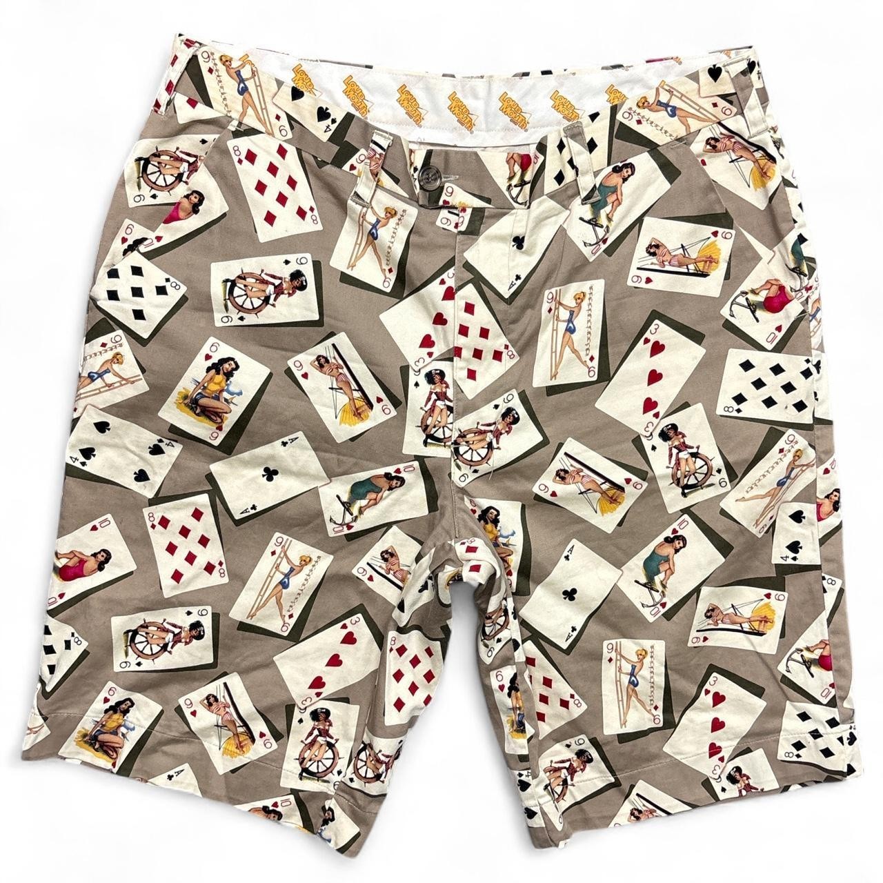 Loudmouth Shorts Mens 36 Golf Pin Up Cards Poker Chino Stretch Performance Brown