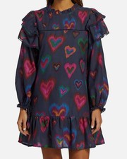 Farm Rio Women's Blue Red Dyed Cotton Hearts Lined Ruffled Mini Dress Size S