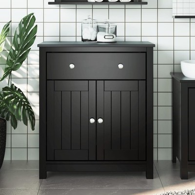 Black Solid Pine Wood Bathroom Cabinet with Engineered Wood and Metal Frame