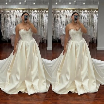 Elegant Wedding Dresses V Neck Beading Satin A Line Plus Size Bridal Gowns