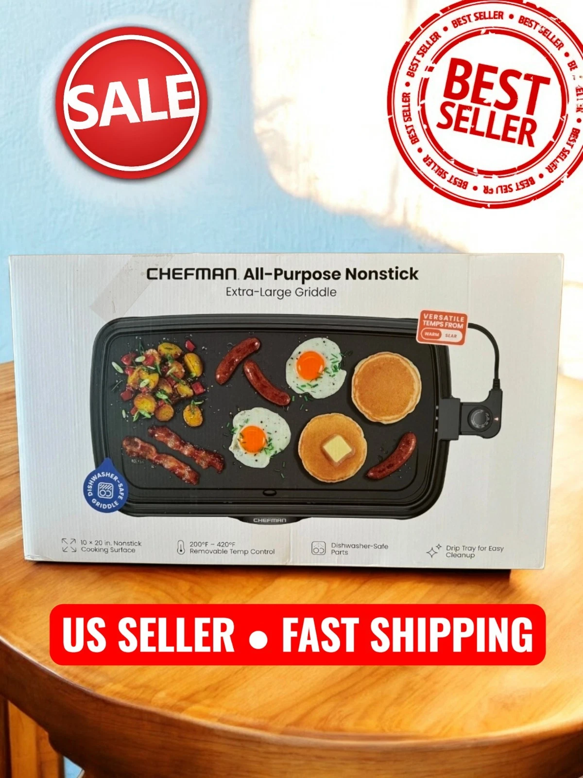 Chefman Portable Grill All-Purpose Non-Stick, Extra Large 10x20 Inch new sealed