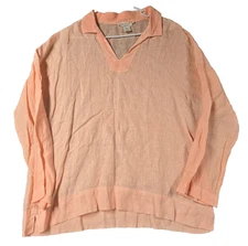 C&C California Shirt Womens Large Orange Linen V Neck Blouse Flowy Beach Thin