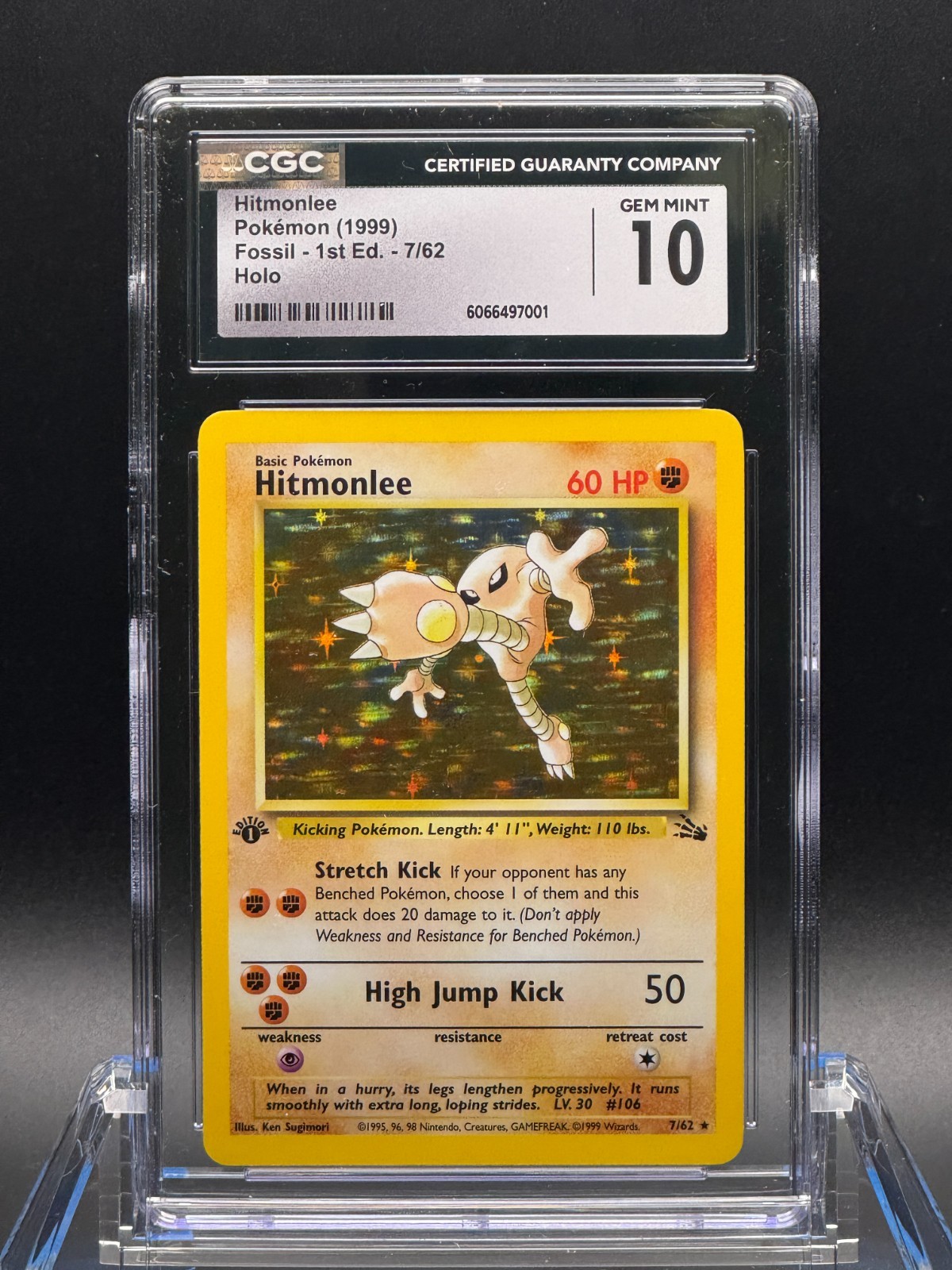 CGC 10 GEM MINT 💎 - Hitmonlee 7/62 Fossil Holo 1st Edition - 1999 Pokemon