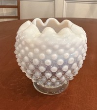 VINTAGE FENTON FRENCH WHITE OPALESCENT HOBNAIL CRIMPED ROSE BOWL