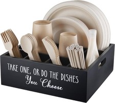 Paper Plate Dispenser for Countertop - Wooden Utensil Holder Organizer for