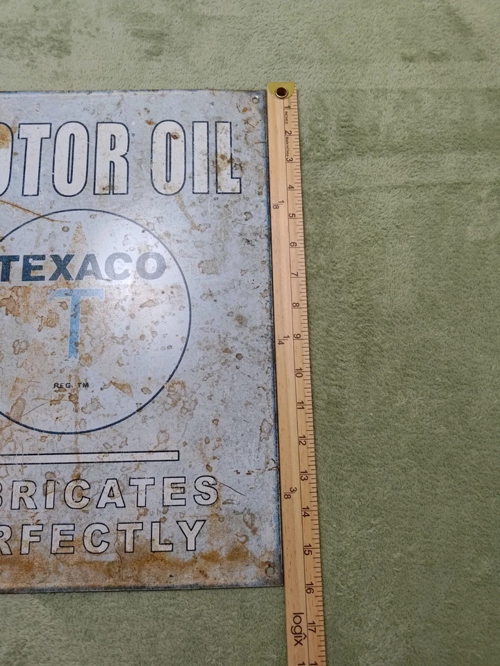 "Letrero de pared de metal estaño rústico de aceite de motor TEXACO rojo retro de 16"" x 12"" hecho en Estados Unidos" Foto 3 de 4