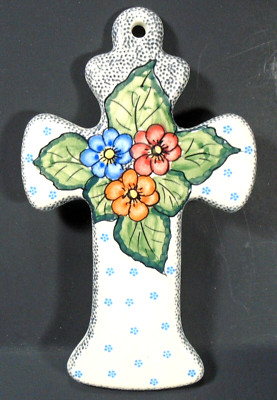 Boleslawiec Kalich Ceramic Floral Cross, Hand Made Poland, 7.5''