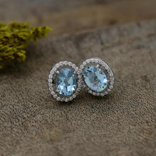 14K White Gold Plated 2Ct Oval Cut Lab Created Aquamarine Women's Stud Earrings