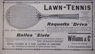 PRESSEWERBUNG 1904 LAWN-TENNISSCHLÄGER DRIVA BÄLLE SIVTO WILLIAMS - AD