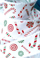 Christmas Candy Cane Peppermint 2.5" by 5 yds White Wired Ribbon Chenille Edge