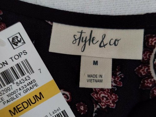 Camicetta Style & Co taglia M top donna ricamata stampa paisley collo spacco manica L - Foto 8 di 11