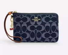 NWT Coach CZ452 Corner Zip Wristlet Signature Denim With Cherry Cherries Charm