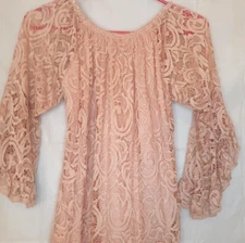 WIN WIN FULL LACE TUNIC WOMENS SIZE S-M FLARED SLEEVES AND BOTTOM LIGHT ROSE