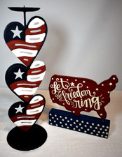 4th of July PATRIOTIC Decor, 3 Tier Flag Candlestick  "Let Freedom Ring" Sign