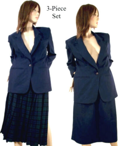 3-Piece Navy Blue-Green Plaid Pleated & Solid Woo… - image 1