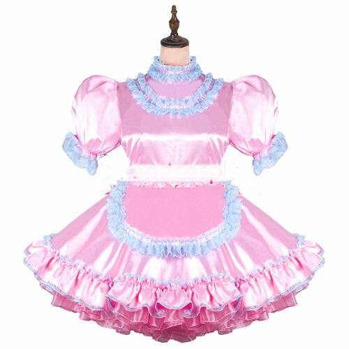 Maid Sissy Girl Pink satin Lockable Dress Cosplay Costume Custom Made - Afbeelding 1 van 2