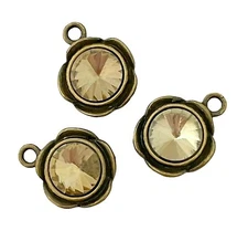 6 Antiqued Bronze 19x16mm Flower Champagne Crystal Bead Drop Charms Pendants