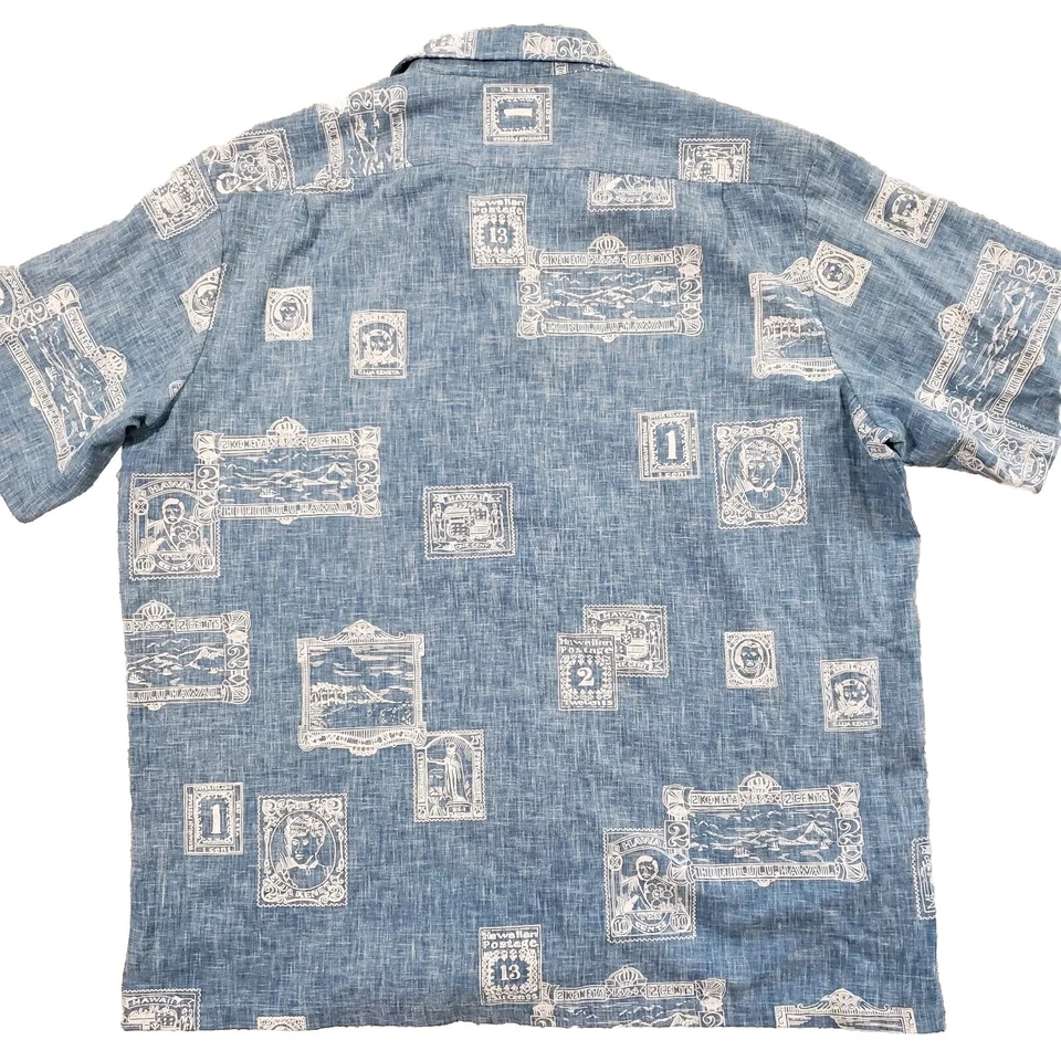 Camisa hawaiana vintage Cooke Street para hombre 2XL estampillas postales azul manga corta Foto 4 de 4