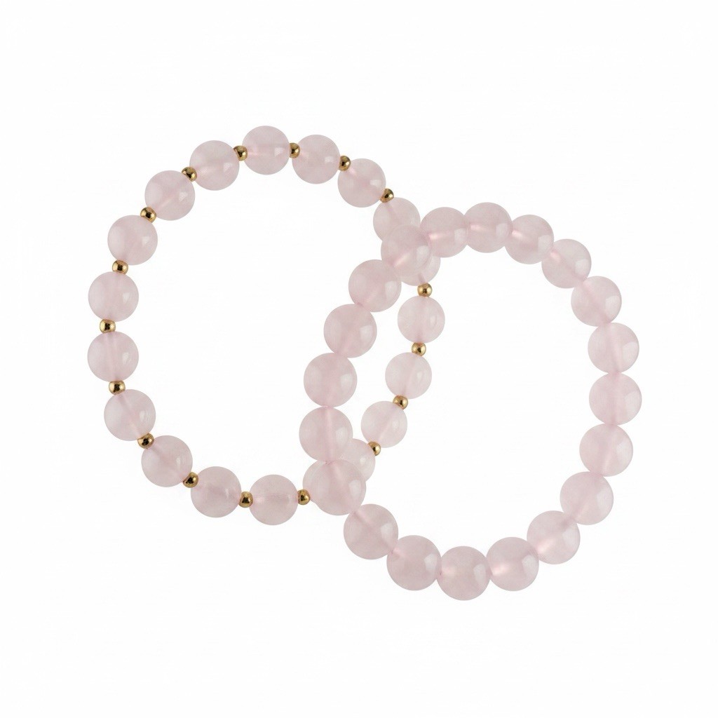 Genuine Rose Quartz Beaded Stretch Bracelet Set Heart Chakra