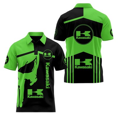 NEW Custom Name Kawasaki Racing Logo 3D Grenn Polo Shirt Men's  Size S-5XL