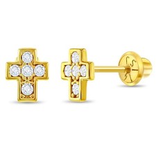 14k Yellow Gold  CZ Tiny Cross Screw Back Earrings for Toddlers  Young Girls