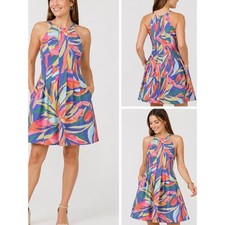 NWT Vince Camuto Colorful Tropical Print Fit & Flare Halter Dress Size 10