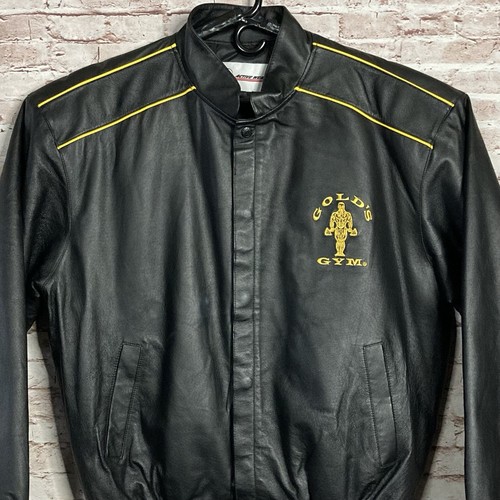GOLDS GYM Mens Black Leather Jacket Yellow Embroidery Large Snap Coat NEW - Picture 15 of 18