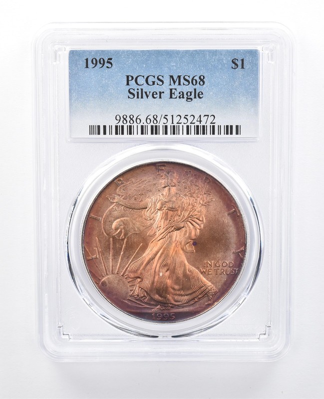 1995 American Silver Eagle MS68 PCGS Red/Purple Tone a8157