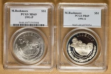 1991 Unc & Proof Mount Rushmore Commemorative Silver Dollars PCGS MS69 & PR69