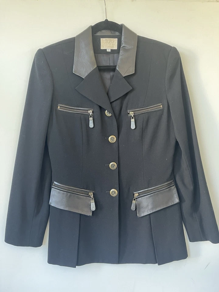 Alberto Makali 黑色 100% 羊毛西装外套夹克女式 10 码皮革装饰 — 第 2/4 张图片