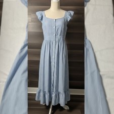 Blue White Striped Ruffle Sleeve Button Front Midi Dress Square Neck Women